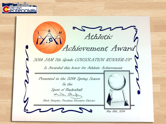Mile High Centennials 2014  JAM Fall League 7th Grade NIT Consolation Champs certificate